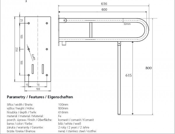 Help sklopný úchyt ve tvaru U 600mm s opěrnou nohou, bílý