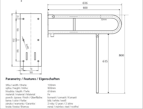 Help sklopný úchyt ve tvaru U 600mm s opěrnou nohou, bílý