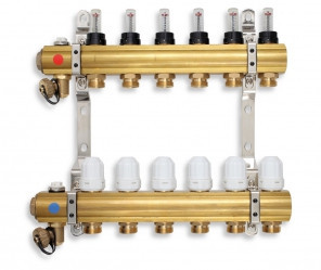 Rozdělovač RZP10Ss termostatickými ventily a reg. šroubením s průtokoměry, 10 okruhů